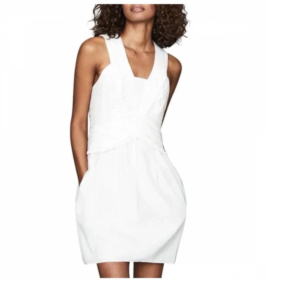 Reiss Gwen White Pleated V-Neck Sleeveless Mini Dress Size 12 Womens RN114836 - Picture 9 of 11